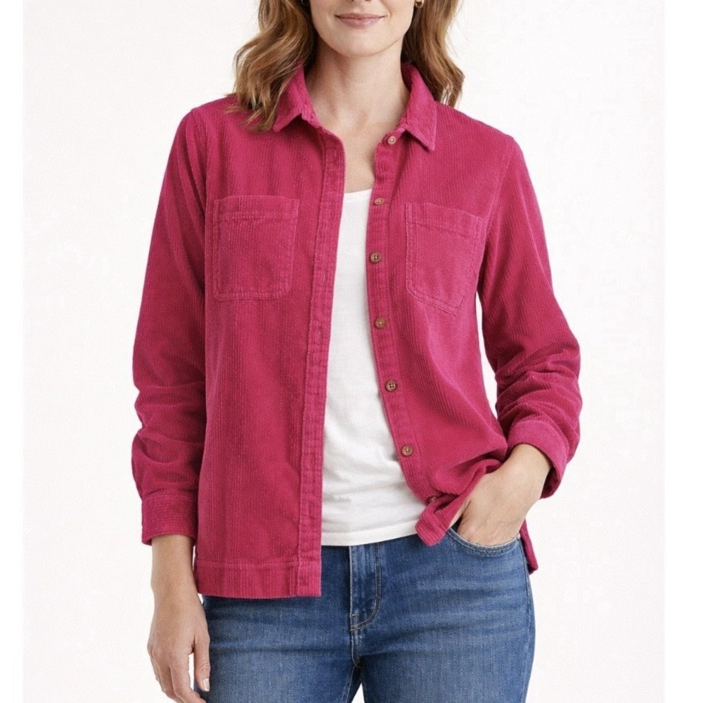 LL Bean Berry Pink Comfort Corduroy Relaxed Button Shirt Shacket Pockets Size XL - Picture 3 of 12